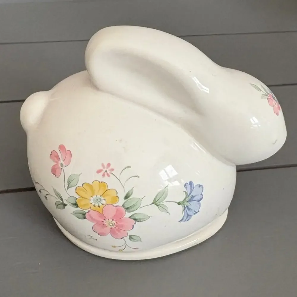 Vtg 1980s Porcelain Floral Rabbit Trinket Box